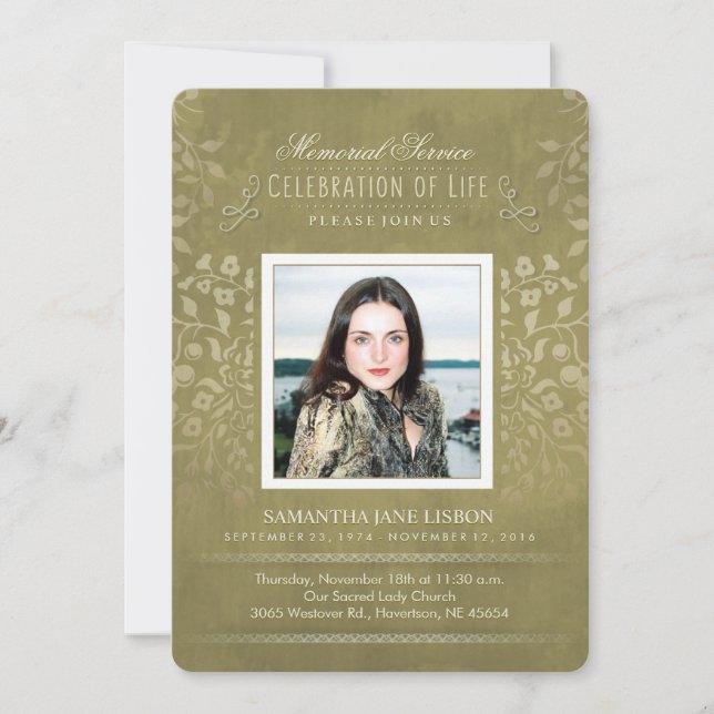 Golden Floral Memorial Service Photo Custom Invite (Front)