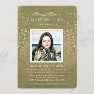 Golden Floral Memorial Service Photo Custom Invite