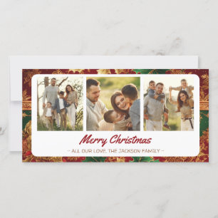Golden Floral Merry Christmas 3 Photo Collage Holiday Card