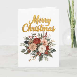 Golden Floral Merry Christmas Bouquet Holiday Card