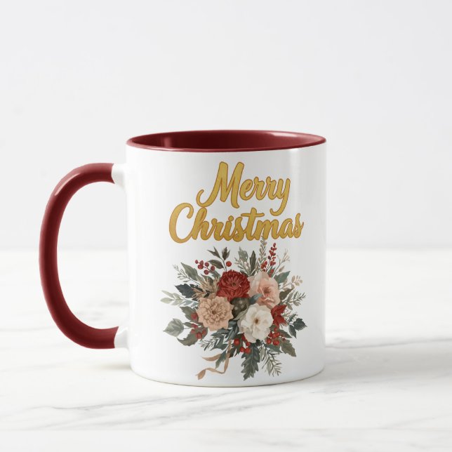 Golden Floral Merry Christmas Bouquet Mug (Left)