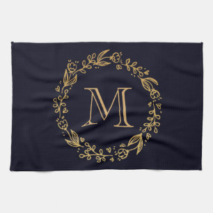 Golden Floral Monogram Tea Towel