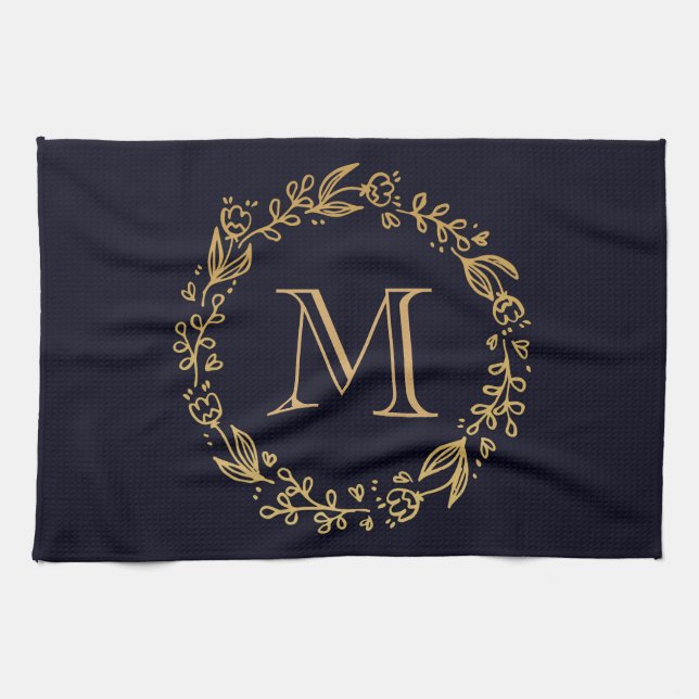 Golden Floral Monogram Tea Towel (Horizontal)