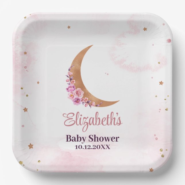 Golden Floral Moon Baby Shower  Paper Plate (Front)