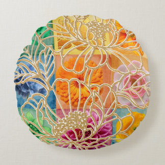 Golden Floral Mosaic Round  Pillow 