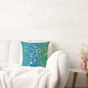 Golden Floral on Green and Blue Gradient Back Cushion