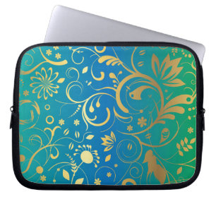 Golden Floral on Green and Blue Gradient Back Laptop Sleeve