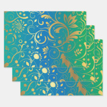Golden Floral on Green and Blue Gradient Back