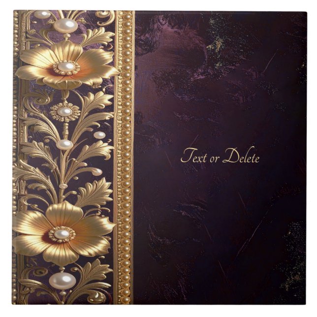 Golden Floral Ornament Ceramic Tile (Front)