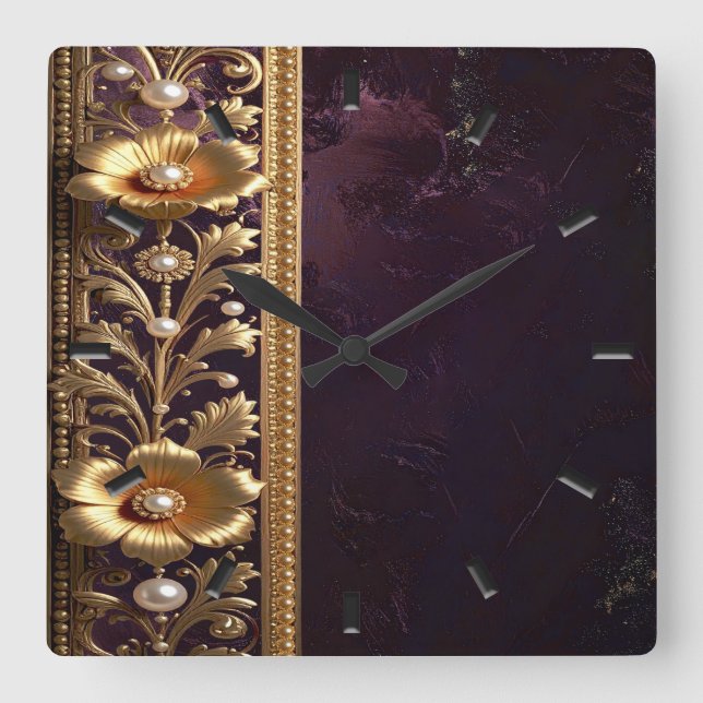 Golden Floral Ornament Wall Clock (Front)