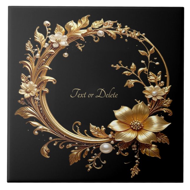 Golden Floral Ornate Frame Ceramic Tile (Front)