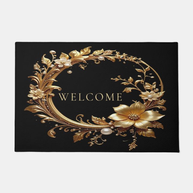 Golden Floral Ornate Frame Doormat (Front)