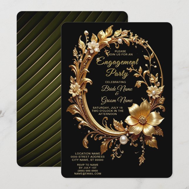 Golden Floral Ornate Frame Engagement Invitation (Front/Back)