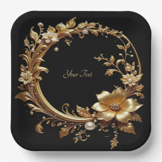 Golden Floral Ornate Frame Paper Plate