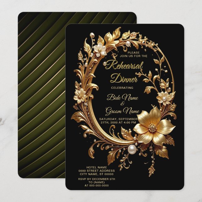 Golden Floral Ornate Frame Rehearsal Dinner Invitation (Front/Back)