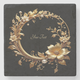 Golden Floral Ornate Frame Stone Coaster