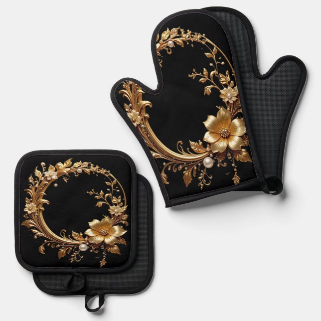 Golden Floral Ornate Oven Mitt & Pot Holder Set (Front/Back)