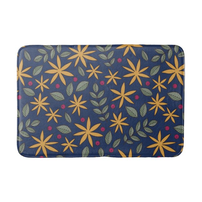 Golden Floral Pattern Botanical Design Bath Mat (Front)