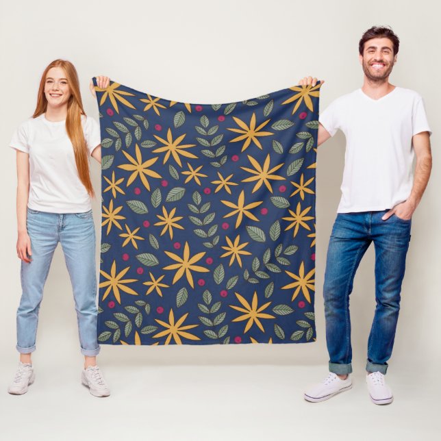 Golden Floral Pattern Botanical Design Fleece Blanket (In Situ)