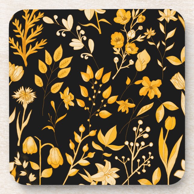 Golden Floral Pattern for Autumn Black BG Coaster (Front)