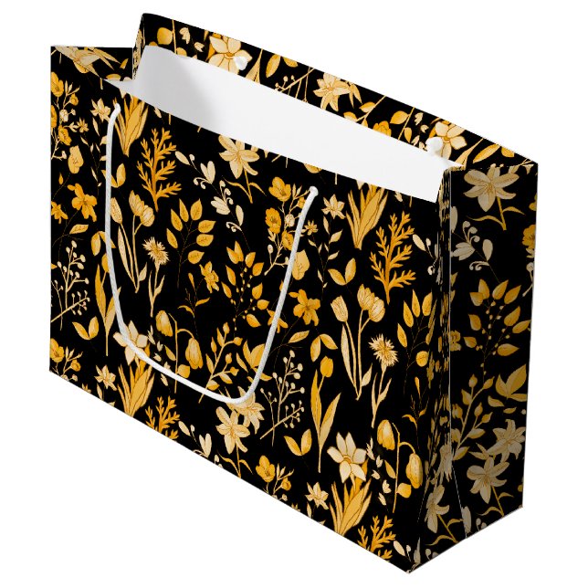 Golden Floral Pattern for Autumn. Black BG Large Gift Bag (Front Angled)