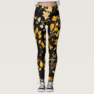 Golden Floral Pattern for Autumn. Black BG Leggings