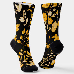 Golden Floral Pattern for Autumn. Black BG Socks