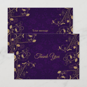 Golden Floral Pattern Leaves Purple Modern Wedding Thank You Card