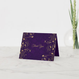Golden Floral Pattern Leaves Purple Modern Wedding Thank You Card