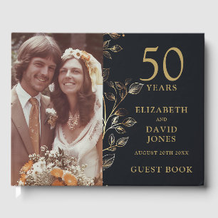 Golden Floral Photo 50th Wedding Anniversary  Guest Book