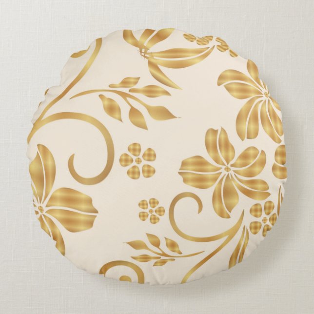 Golden Floral Printed Throw Round Cushion (Front)