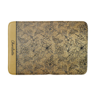 Golden floral seamless pattern personalised name bath mat