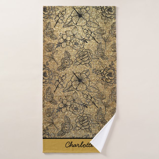 Golden floral seamless pattern personalised name  bath towel (Bath Towel)