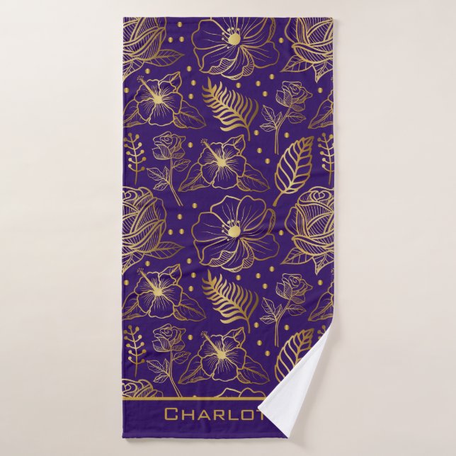 Golden floral seamless pattern personalised name bath towel (Bath Towel)