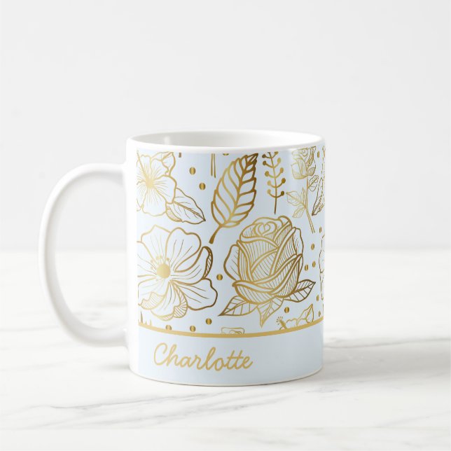 Golden floral seamless pattern personalised name coffee mug (Left)