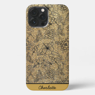 Golden floral seamless pattern personalised name iPhone 13 pro max case