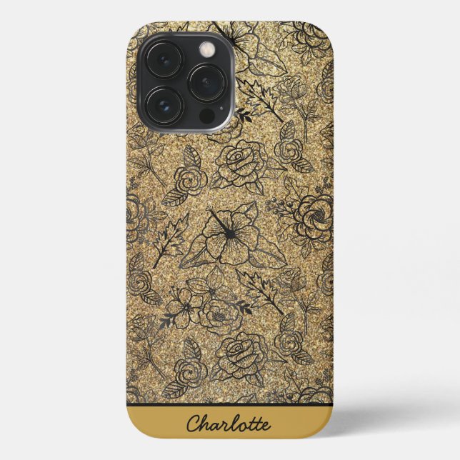 Golden floral seamless pattern personalised name iPhone case (Back)