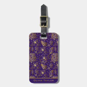 Golden floral seamless pattern personalised name luggage tag