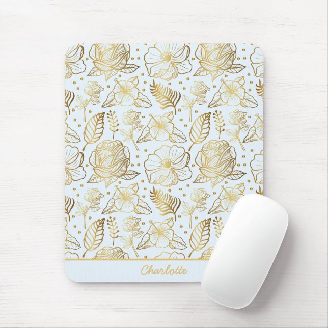 Golden floral seamless pattern personalised name mouse mat (With Mouse)