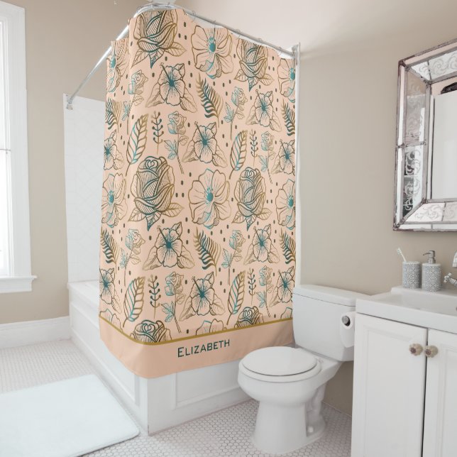 Golden floral seamless pattern personalised name shower curtain (In Situ)