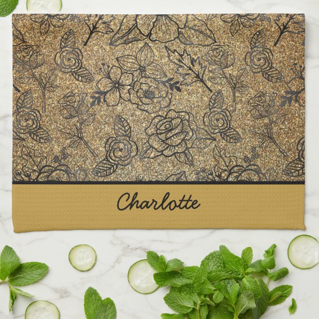 Golden floral seamless pattern personalised name  tea towel (Folded)