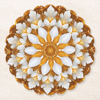 Golden Floral Snowflake Kaleidoscope Paper Coaster