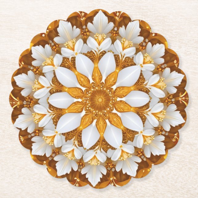 Golden Floral Snowflake Kaleidoscope Paper Coaster (Front)