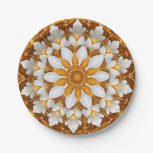 Golden Floral Snowflake Kaleidoscope Paper Plate