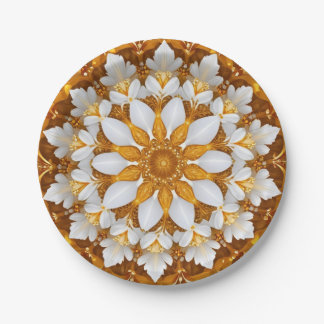 Golden Floral Snowflake Kaleidoscope Paper Plate