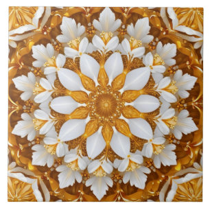 Golden Floral Snowflake Kaleidoscope Tile