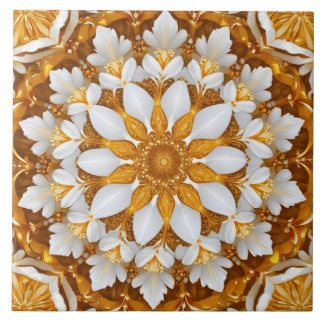 Golden Floral Snowflake Kaleidoscope Tile