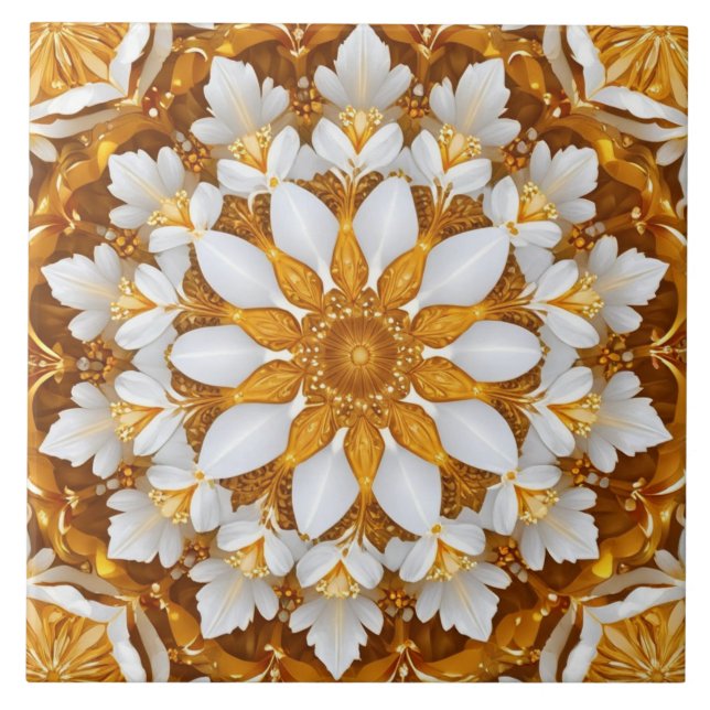 Golden Floral Snowflake Kaleidoscope Tile (Front)