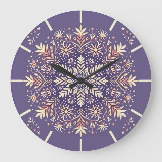 Golden Floral Snowflake Mandala Large Clock (Front)