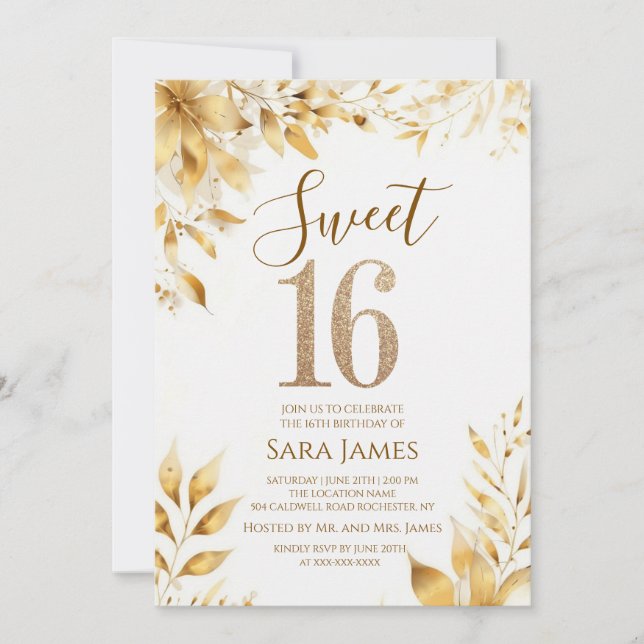 Golden Floral Sweet 16 Birthday Invitation (Front)